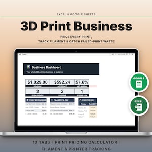 May include: A laptop screen displaying a 3D Print Business dashboard for Excel and Google Sheets. The interface shows revenue, net profit, and printer ROI metrics. Two circular icons for Google Sheets and Excel are visible on the right side of the screen.