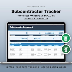 May include: A laptop screen displaying a Subcontractor Tracker dashboard. The screen shows financial data, compliance alerts, and the text "1099 Reporting Built In." The image also includes Excel and Google Sheets icons.