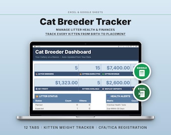 Cat Breeder Cattery Management Spreadsheet | Kitten Litter Health Show Tracker | Google Sheets Excel
