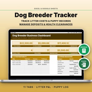 May include: A laptop displays a "Dog Breeder Tracker" dashboard with financial data, including revenue, expenses, and profit. The screen shows data tables and the text "TRACK LITTER COSTS & PUPPY RECORDS." Icons for Google and Excel are visible.