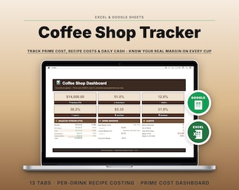 Coffee Shop Tracker | Recipe Costing, Prime Cost, Sales (Google Sheets, Excel)