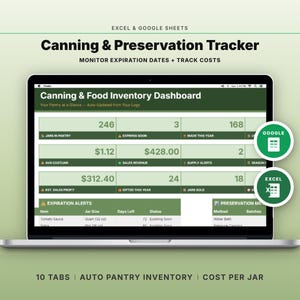 May include: A laptop screen displays a "Canning & Preservation Tracker" dashboard. The screen shows data for jars in the pantry, expiring soon, sales revenue, and more. The text includes "Excel & Google Sheets" and "Monitor Expiration Dates + Track Costs."