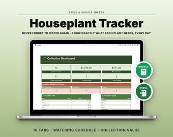 Houseplant Tracker Spreadsheet | Watering, Care Log, Collection Value (Google Sheets, Excel)