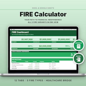 May include: A laptop screen displays a financial dashboard titled "FIRE Calculator" with green and white data tables. The text includes "Your Path to Financial Independence" and "All 5 FIRE Variants in One View."
