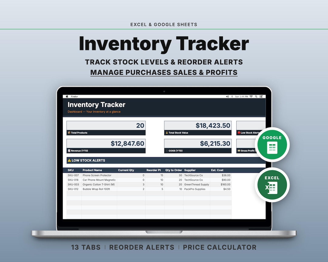 Excel Formula Inventory Alert Small Business Inventory Tracker | Stock Management & Reorder Alerts ...
