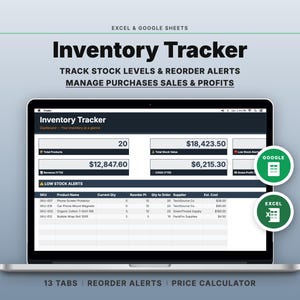 May include: A laptop screen displaying an "Inventory Tracker" spreadsheet. The screen shows data fields for stock levels, sales, and profits. The text "TRACK STOCK LEVELS & REORDER ALERTS" is visible. The spreadsheet is designed for use with Excel and Google Sheets.