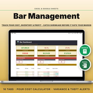 Könnte beinhalten: Ein Laptop-Bildschirm zeigt ein Bar-Management-Dashboard für Excel und Google Sheets. Die Benutzeroberfläche präsentiert Finanzkennzahlen, Ausschankkosten, Inventar und Gewinndaten in Tabellen und Diagrammen. Zwei runde Symbole zeigen die Kompatibilität an.