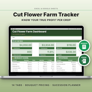 Op de afbeelding: Een laptopscherm toont een "Cut Flower Farm Tracker" dashboard met financiële gegevens. Het scherm toont belangrijke statistieken, inkomsten en uitgaven. De tekst bevat "Know Your True Profit Per Crop" en "14 Tabs | Bouquet Pricing | Succession Planner."