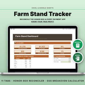 May include: A digital Farm Stand Tracker spreadsheet for Excel and Google Sheets displayed on a laptop screen. The dashboard features sections for total sales, net profit, revenue by payment channel, and an egg breakeven calculator with 11 tabs.