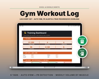 Workout Log Spreadsheet | Google Sheets, Excel | Auto e1RM, PR Tracker
