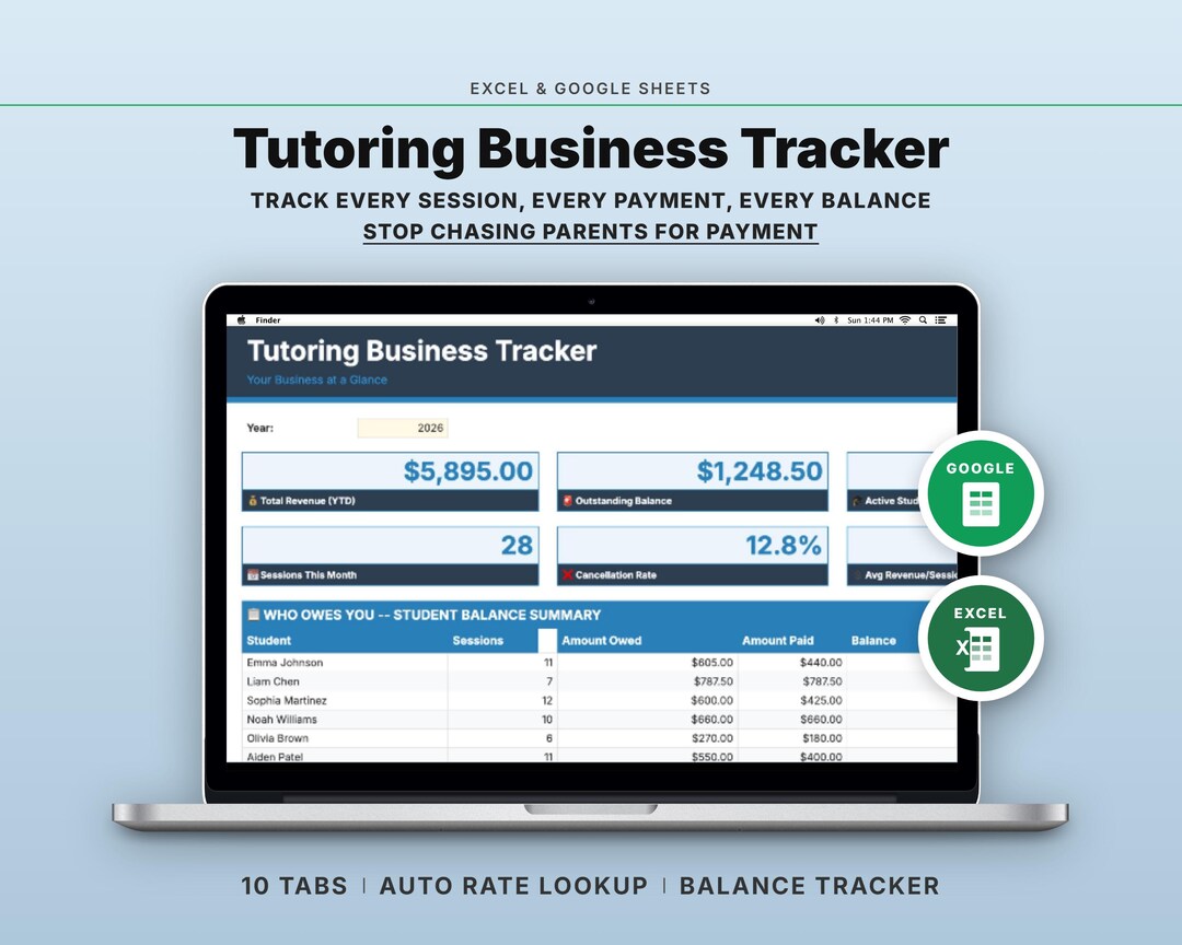 Tutor Tracker Tutoring Business Tracker | Student Payments & Session Log Spreadsheet ...