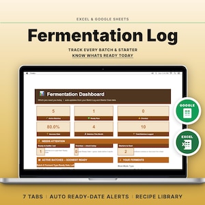 Fermentation Tracker Spreadsheet | Kombucha Kimchi Sauerkraut Batch Log & Recipe Log | Google Sheets Excel