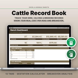 Puede incluir: Una computadora portátil muestra un "Cattle Record Book" con datos financieros y el texto "Track Your Herd, Calving & Breeding Records." La pantalla muestra un "Ranch Dashboard" con análisis de datos. La imagen incluye los logotipos de Excel y Google Sheets.