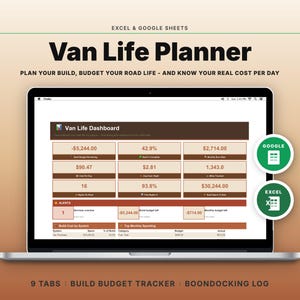 May include: A laptop screen displaying a Van Life Planner dashboard for Excel and Google Sheets. The interface features a Van Life Dashboard with financial metrics, budget trackers, and an alerts section. Two circular icons indicate Google and Excel compatibility.