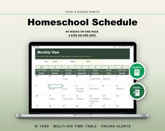Homeschool Schedule Planner | Multi-Kid Weekly Time-Table, Curriculum Pacing & Year Calendar | Excel Google Sheets