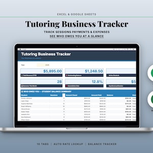 May include: A laptop displays a "Tutoring Business Tracker" spreadsheet. The screen shows financial data, including total revenue, outstanding balance, and student balance summaries. Icons for Google Sheets and Microsoft Excel are visible.