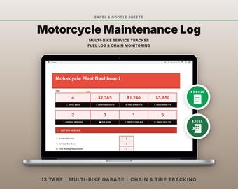 Motorcycle Maintenance Log | Multi-Bike Service, Fuel, Chain Tracker (Excel, Google Sheets)