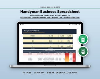Handyman Business Spreadsheet | Quote Builder + Lead ROI + Tax Planner + Invoice Tracker | Google Sheets Excel