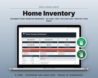 Home Inventory Spreadsheet | Insurance Claim & Coverage Gap Tracker | Google Sheets Excel | Belongings, High-Value Items