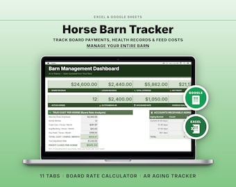 Horse Barn Tracker | Board Payments, Health, Feed Costs (Google Sheets, Excel)