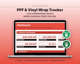 PPF Vinyl Wrap Business Tracker | Estimate Calculator Film Inventory Warranty Log | Google Sheets Excel
