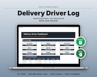 Delivery Driver Log Spreadsheet | Google Sheets, Excel Mileage Tracker (Gig Tax, True Hourly Pay)