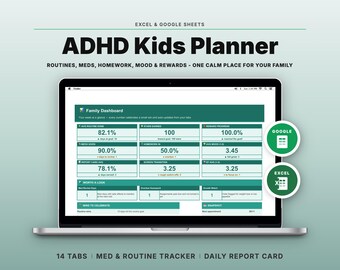 ADHD Kids Planner | Routine, Meds, Homework, Mood Tracker (Google Sheets, Excel)