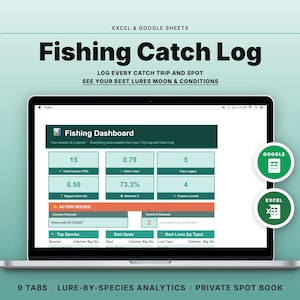 Op de afbeelding: Een laptopscherm met een Fishing Catch Log-spreadsheet voor Excel en Google Sheets. Het dashboard toont datastatistieken, waaronder het totaal aantal vangsten, vangsten per uur, geregistreerde trips, de grootste vangst en gelande trofeeën.