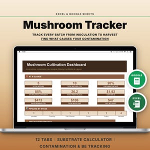 May include: A laptop screen displaying a Mushroom Tracker dashboard for Excel and Google Sheets. The interface shows data for active batches, contamination rates, and biological efficiency. Two circular icons indicate compatibility with Google and Excel.