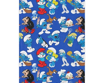 Kocyk Minky z postaciami Smerfów | Niebieski wzór z kreskówek, przytulny pled