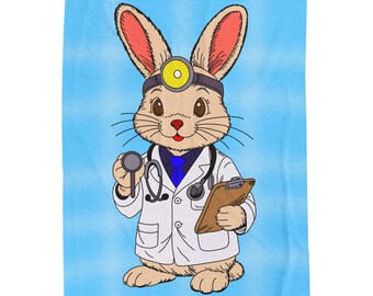 Doctor Bunny Velveteen Plush Blanket | Medical Rabbit Illustration, Blue Background