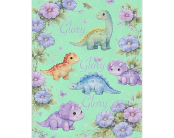 Personalized Watercolor Baby Dinosaurs Minky Blanket | Floral Pastel Nursery Throw