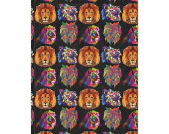 Kolorowy kocyk Minky z motywem lwa | Neonowe głowy lwów, czarne tło