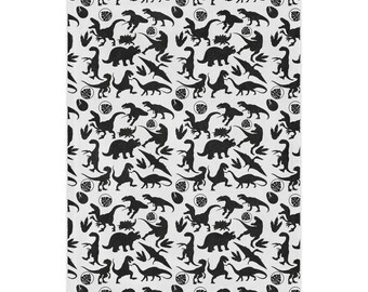 Kocyk Minky z czarnym wzorem sylwetki dinozaura | Powtarzający się nadruk jajek dinozaura