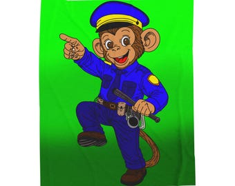 Kids Police Monkey Illustration Velveteen Blanket | Custom Name Option