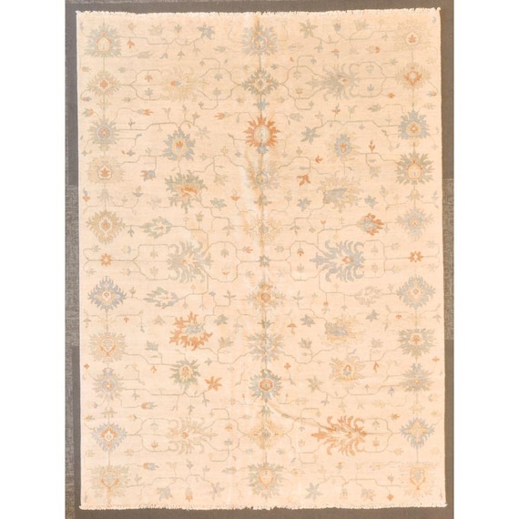 Oriental Hand-Knotted Turkish Oushak Style Wool Area Rug, Ivory Ground, 10' x 14'