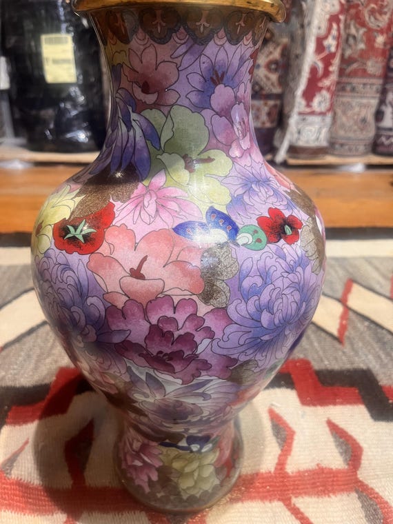 Vintage Chinese Cloisonné Vase | Purple Floral Enamel on Metal | Peony Chrysanthemum Asian Decor