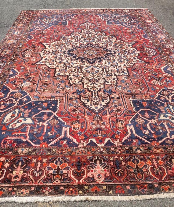 Antique Hand-Knotted Bakhtiari Wool Rug Red Navy Ivory 10’2” x 13’2”