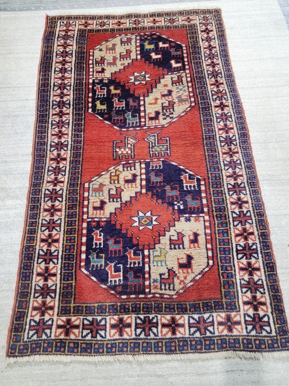 Vintage Turkish Tribal Pictorial 3’7” x 6’2” Hand Knotted Runner Rug