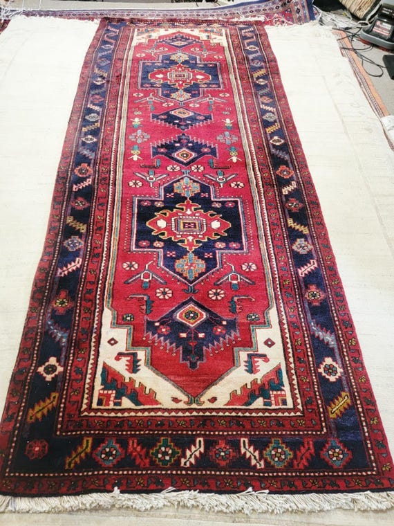 Geometric Oriental Tribal Style 4’2” x 10’10” Hand Knotted Wool Rug