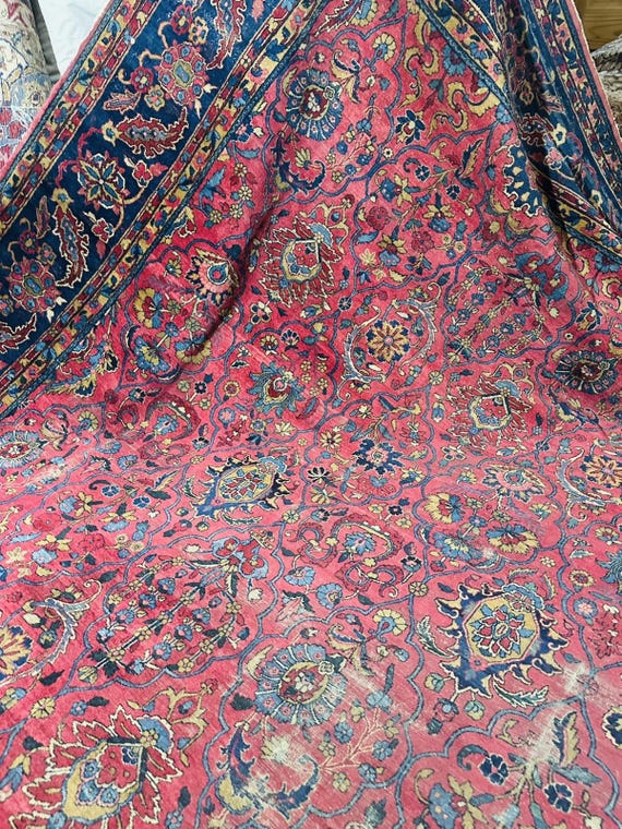 Semi Antique Raspberry Sarouk Style 10’ x 14’ Floral Hand Knotted Wool Rug