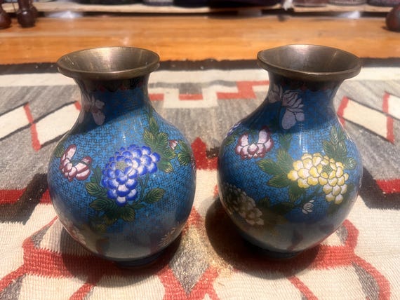 Vintage Pair Blue Cloisonné Vases | Floral Enamel on Metal | Asian Decorative Art