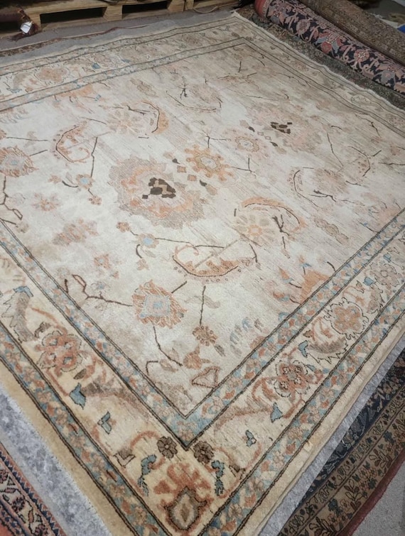 Vintage Oushak Wool Rug, 8x9 Hand-Knotted Decorative Floral Carpet