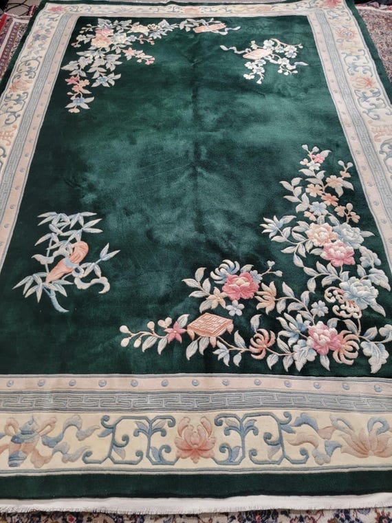 Vintage Chinese 8’ x 11’ Hand Knotted Art Deco Floral Rug
