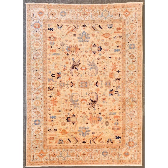 Oriental Hand-Knotted Wool Oushak Serapi Rug, Ivory Field with Blue Rust Motifs