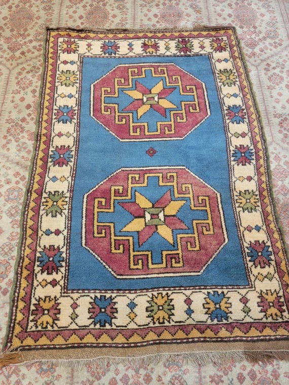 Semi Antique Geometric Kazak 3’7” x 5’4” Hand Knotted Oriental Wool Rug