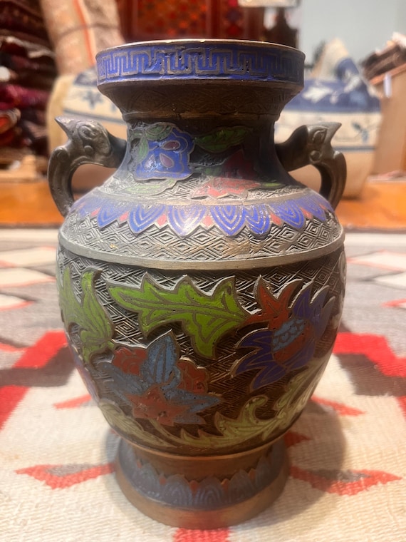 Vintage Chinese Champlevé Enamel Bronze Vase – Twin Beast Handles – Floral & Butterfly Motifs