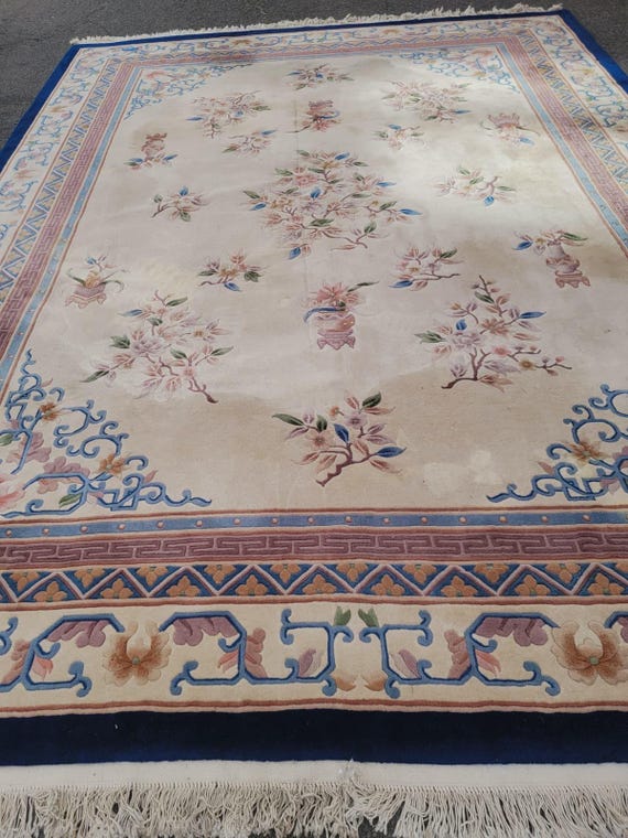 Vintage Chinese 10’ x 14’ Hand-Knotted Wool Rug – Floral Pale Beige & Blue Border