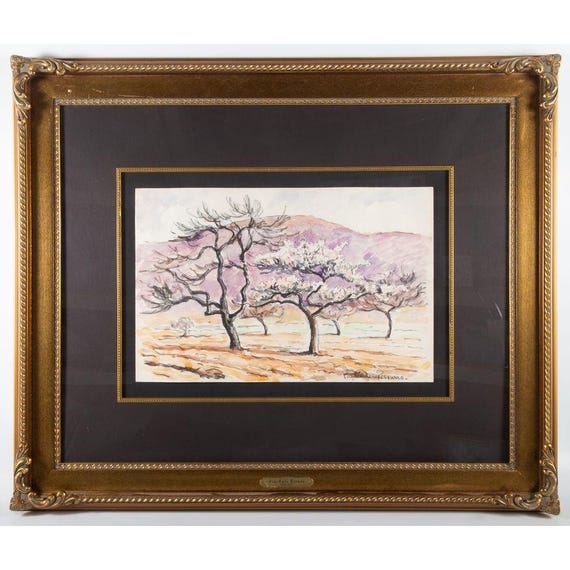 Signed Paul-Émile Pissarro Watercolor | Framed Orchard Landscape (29x35.5 inches)