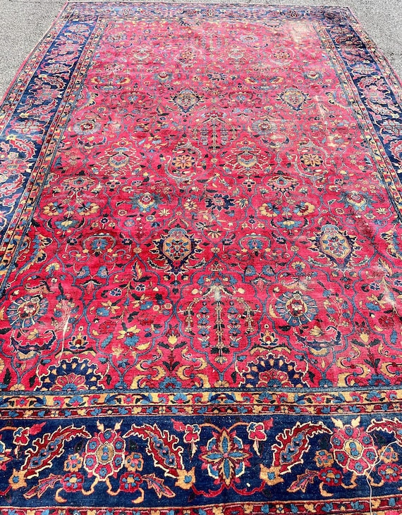 Semi Antique Raspberry Sarouk Style 9’ x 14’ Floral Hand Knotted Wool Rug